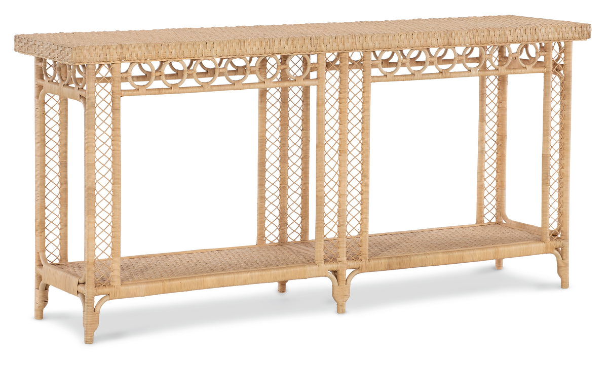 a wicker table with a shelf