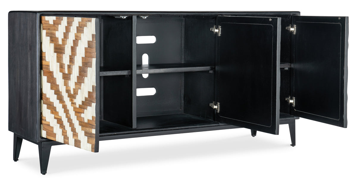 a black cabinet with a white and brown pattern