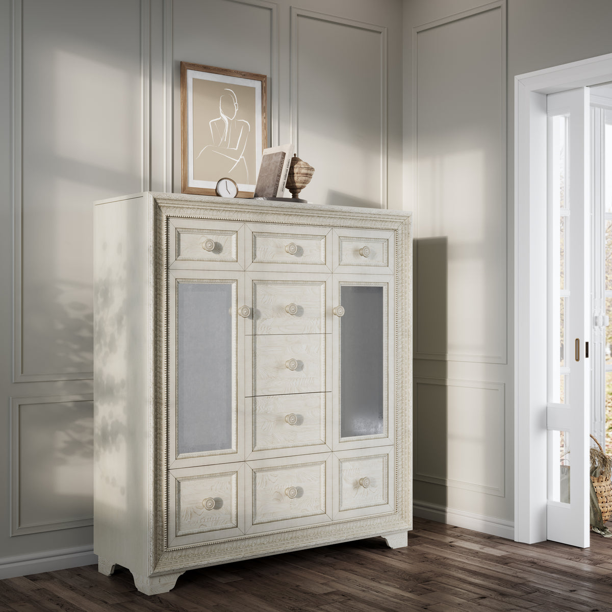 a white cabinet in a room