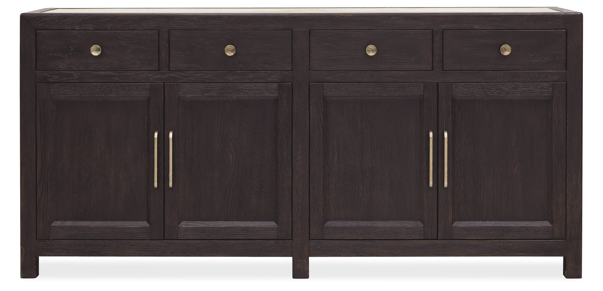 a dark wood cabinet with gold handles