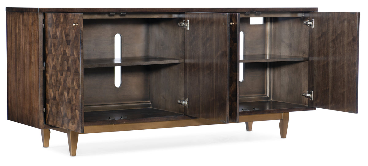 a brown wooden cabinet with open shelves