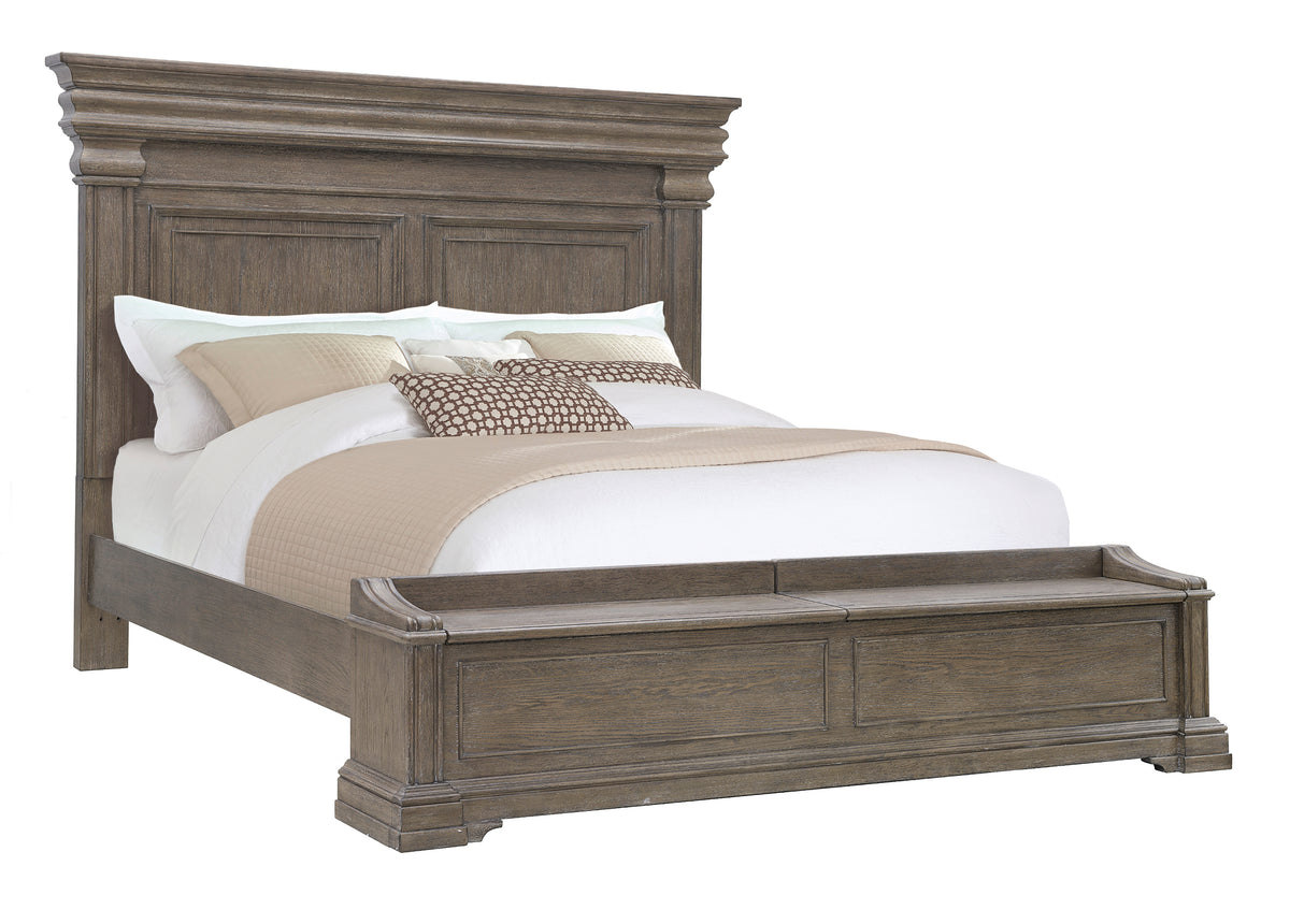 a bed with a wooden headboard