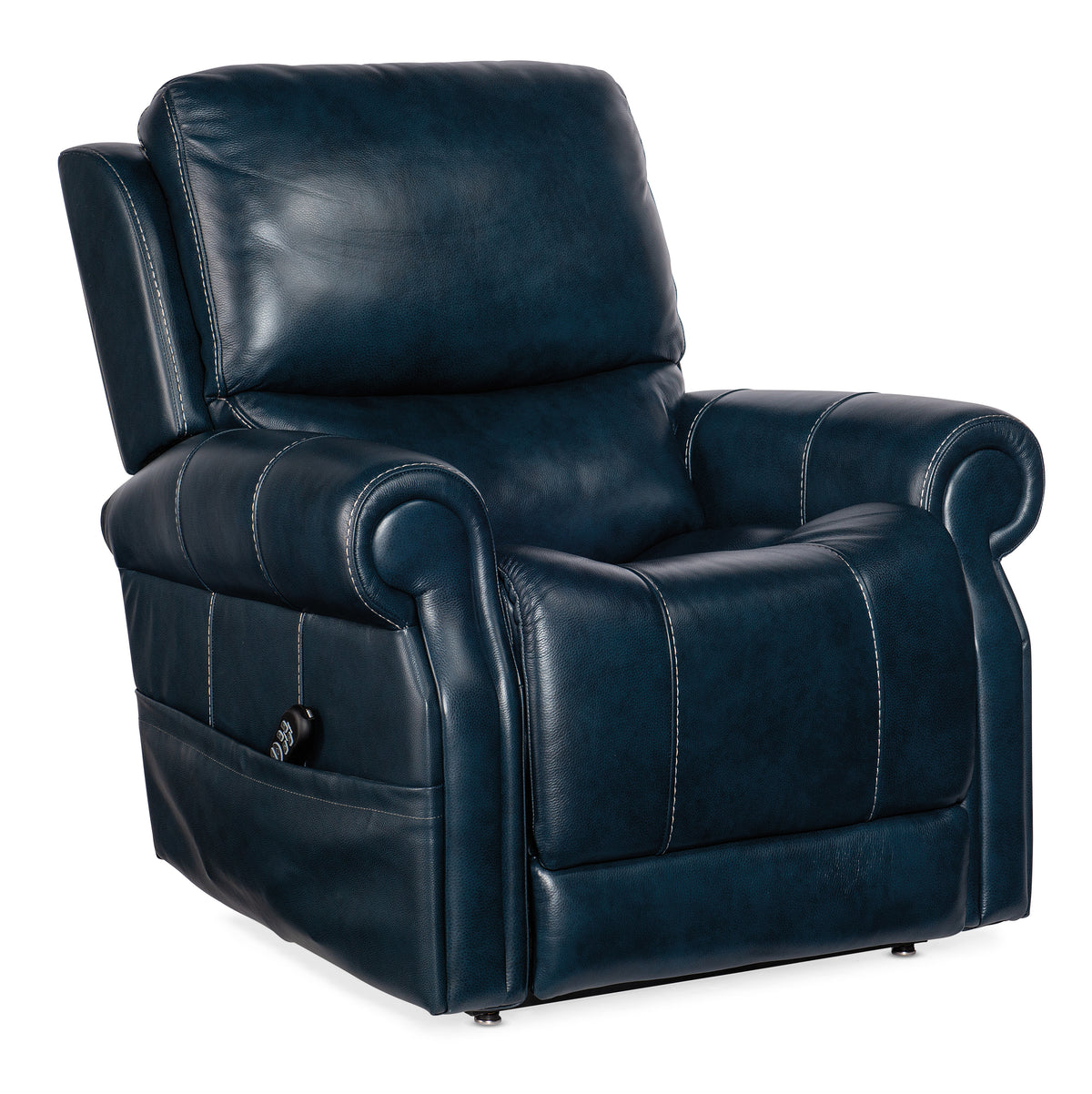 a blue leather recliner chair