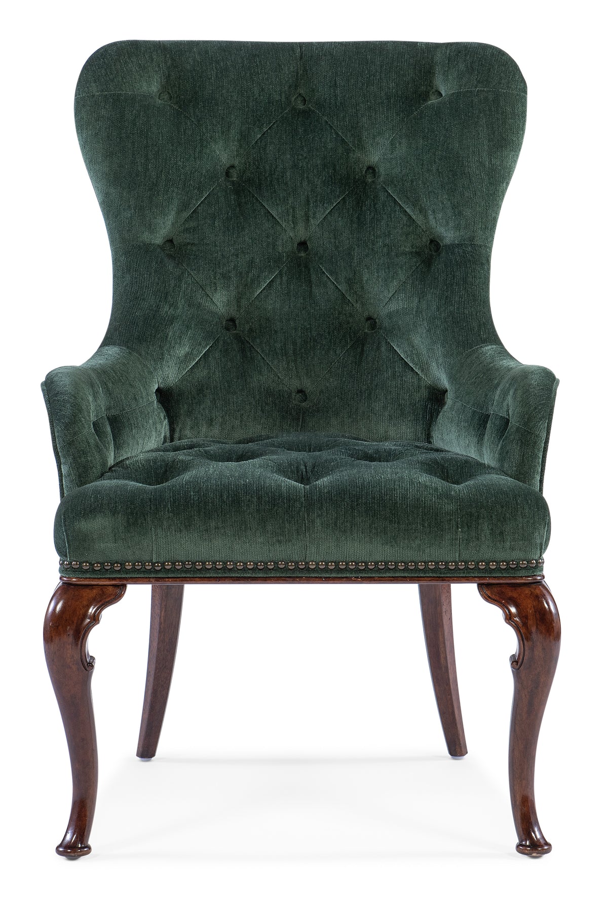 a green chair with brown legs