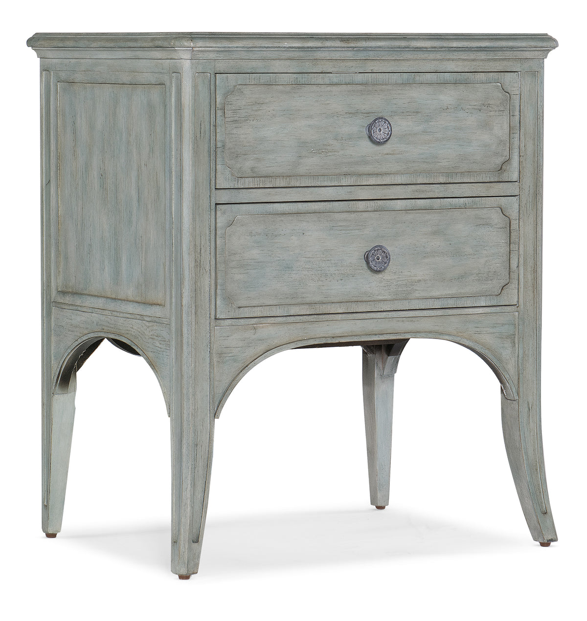 a grey nightstand with two drawers