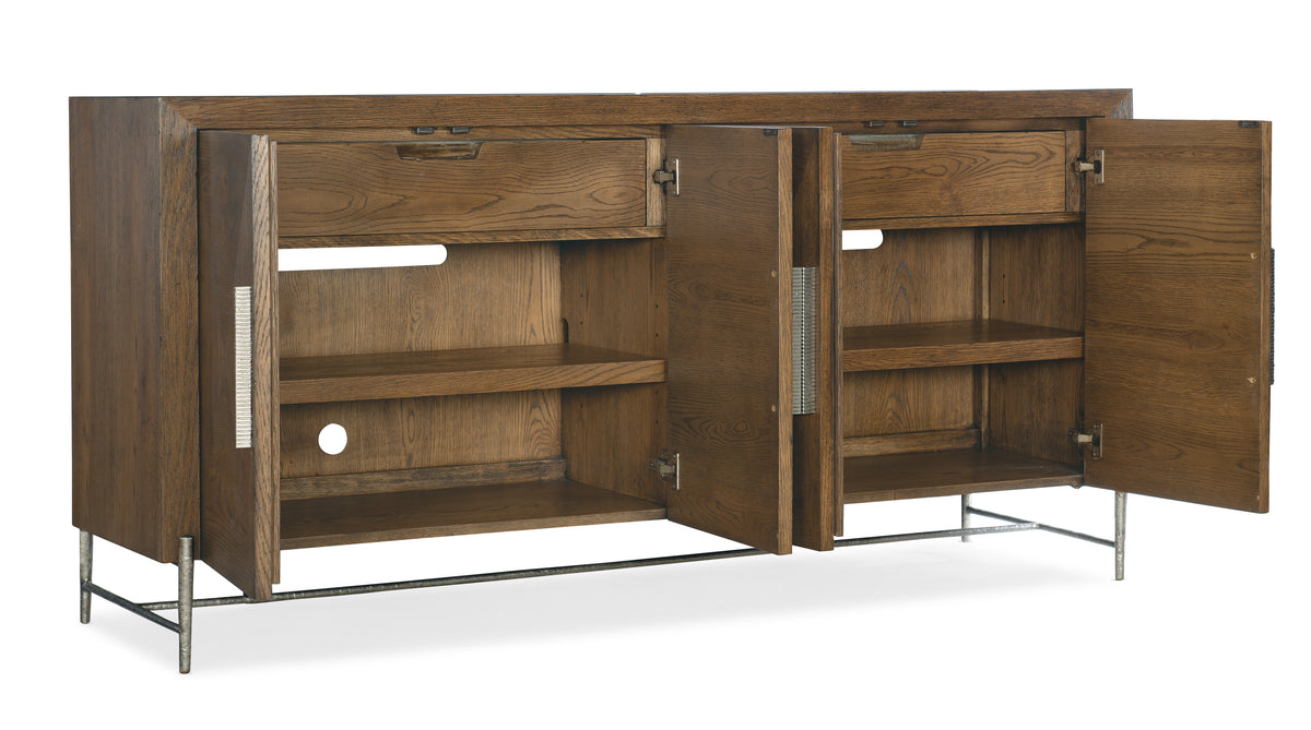 a wooden cabinet with open shelves