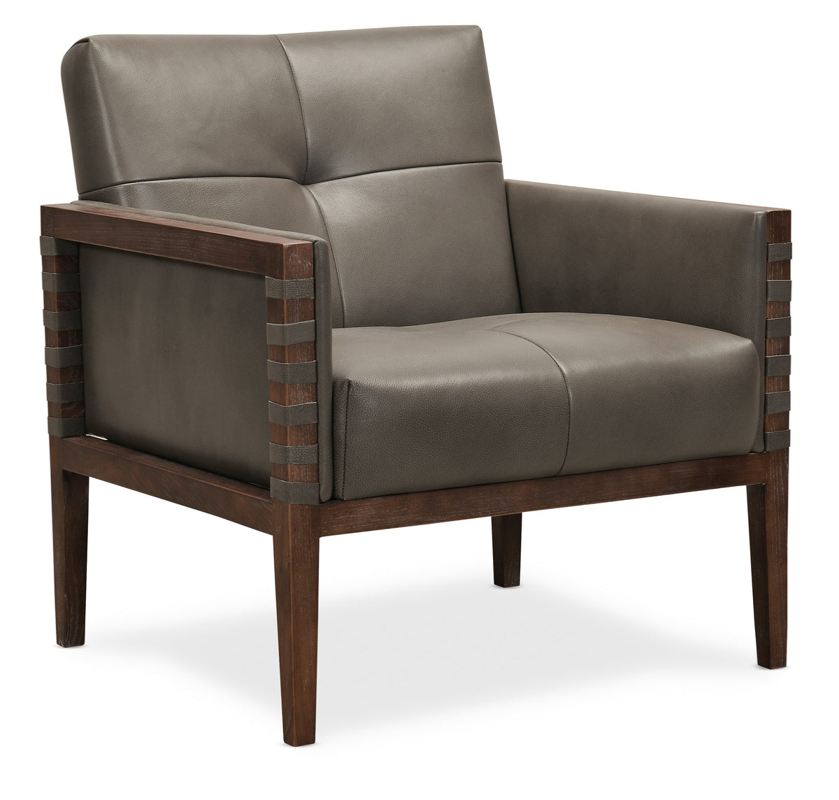 a grey leather chair with wooden legs
