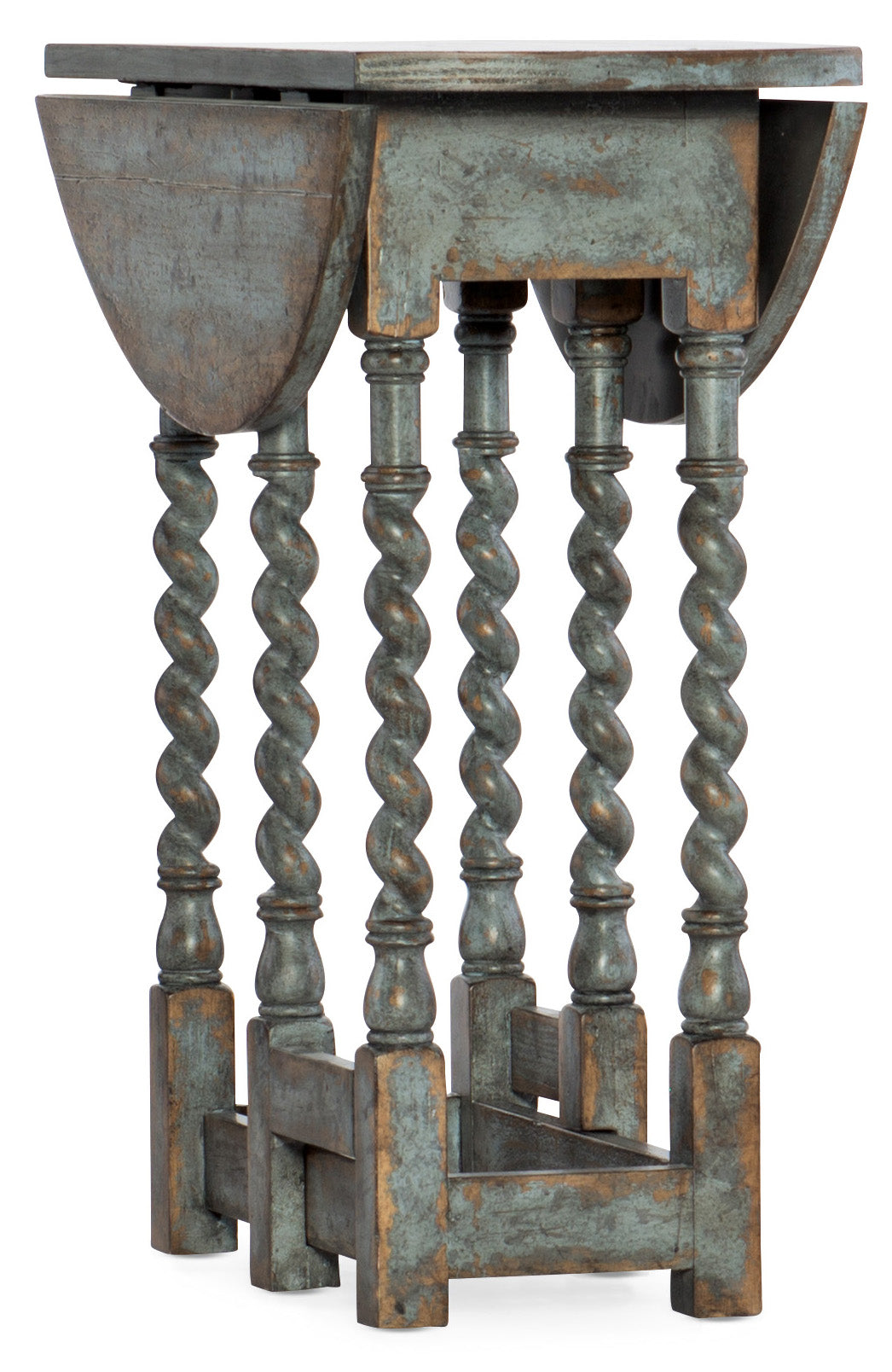 a wooden table with spiral legs