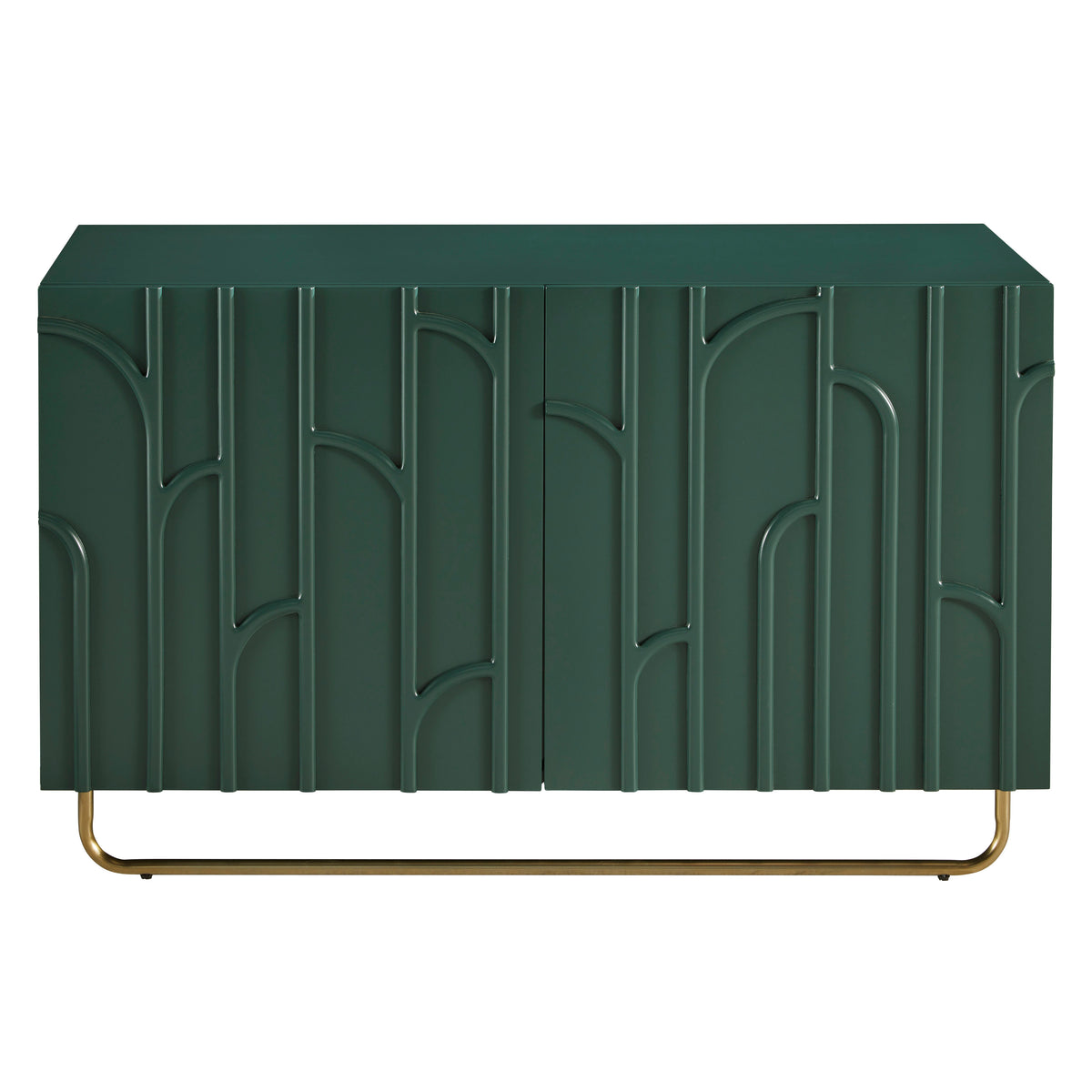 a green cabinet with gold legs