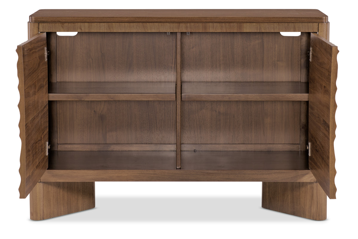 a brown wooden shelf with shelves