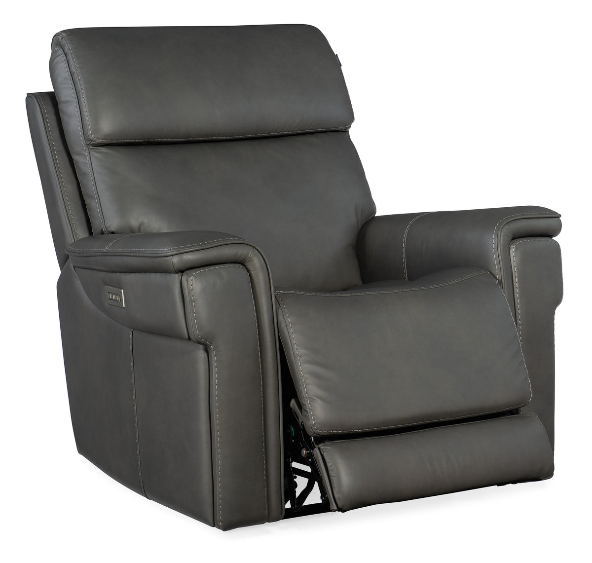 a black recliner with white stitching