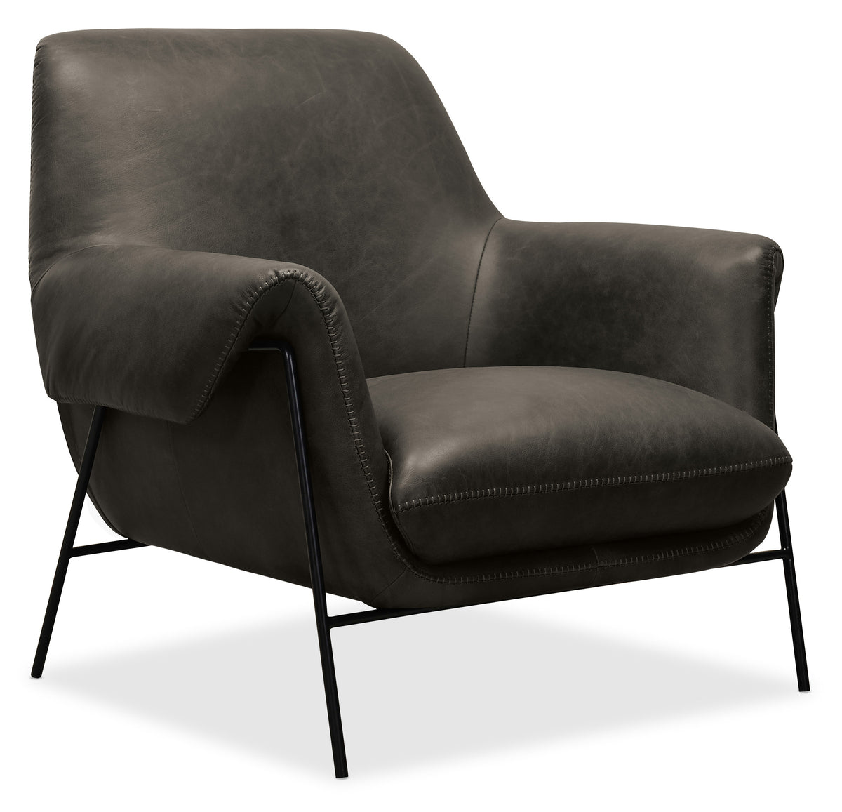 a black leather chair with metal legs