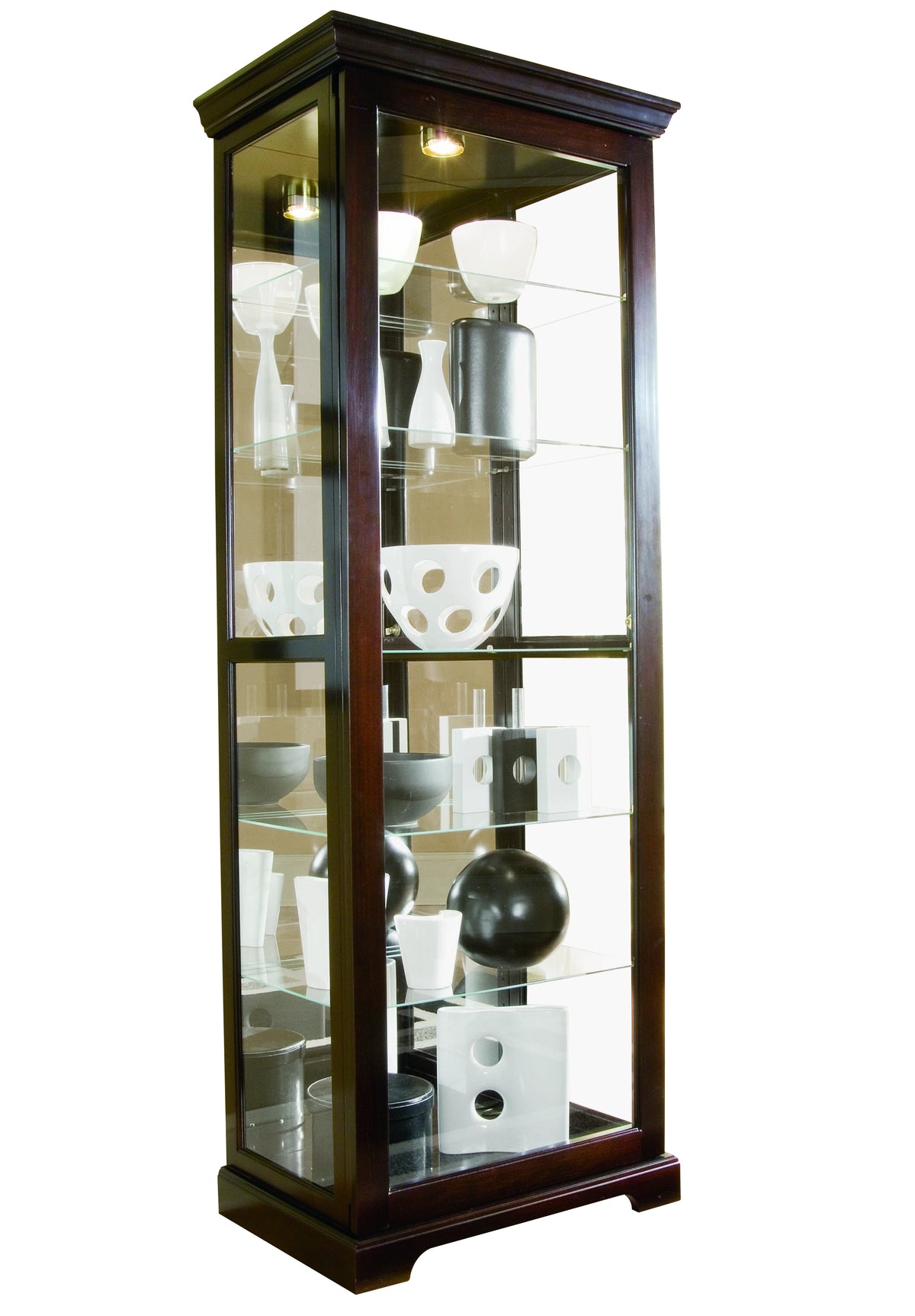 a glass cabinet with various objects on it