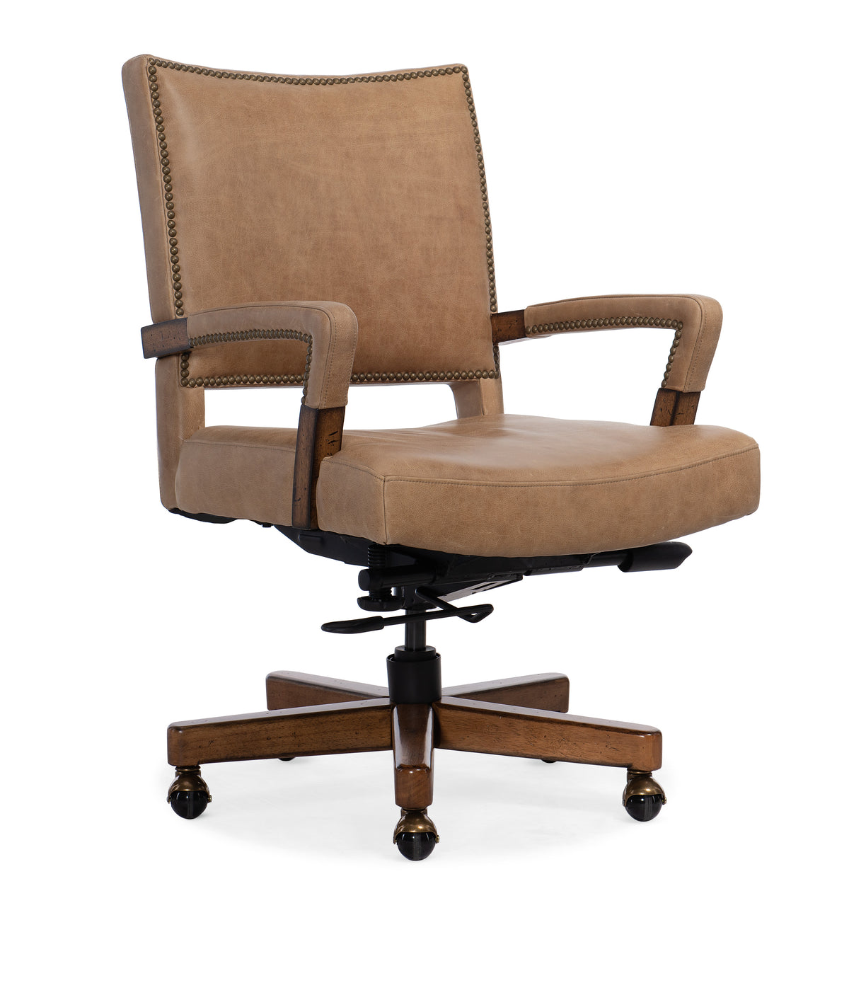 a brown office chair with wheels