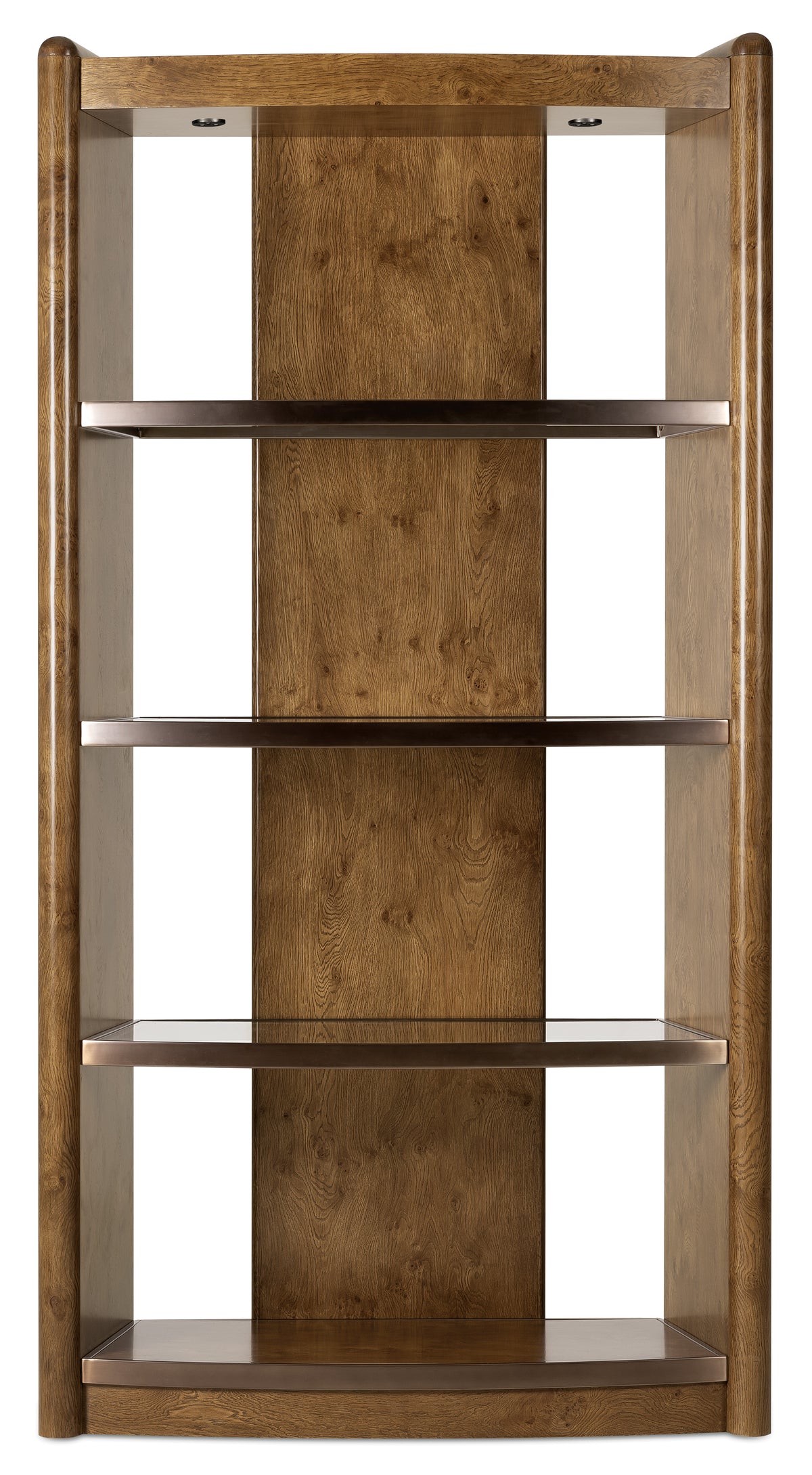 a wood shelf with metal shelves