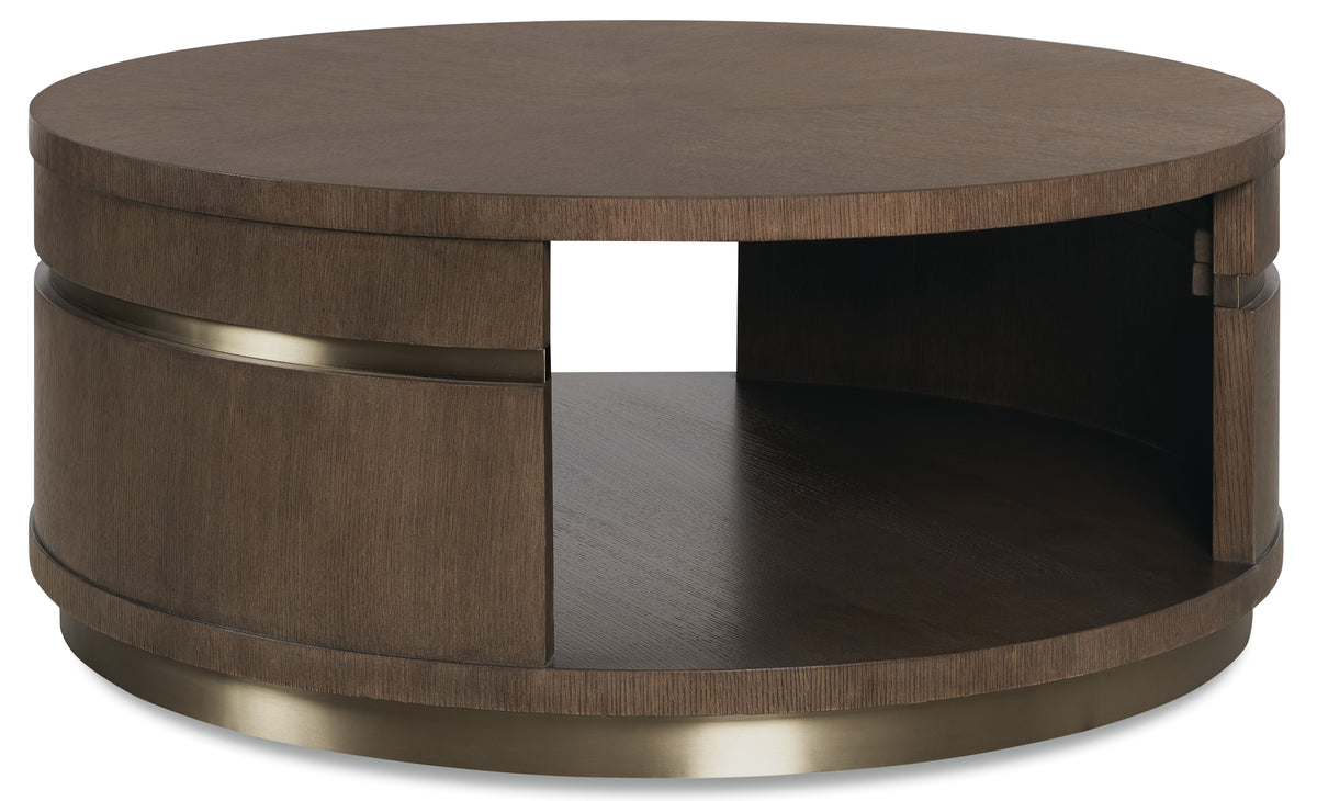 a round coffee table with a shelf