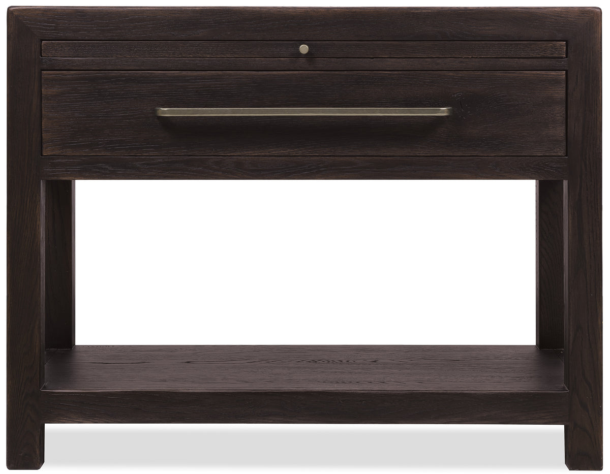 a dark wood table with a drawer