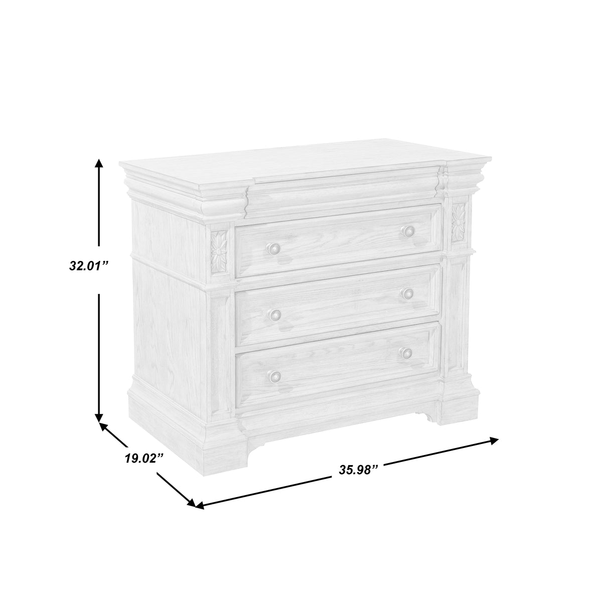 a white chest of drawers with sizes and measurements