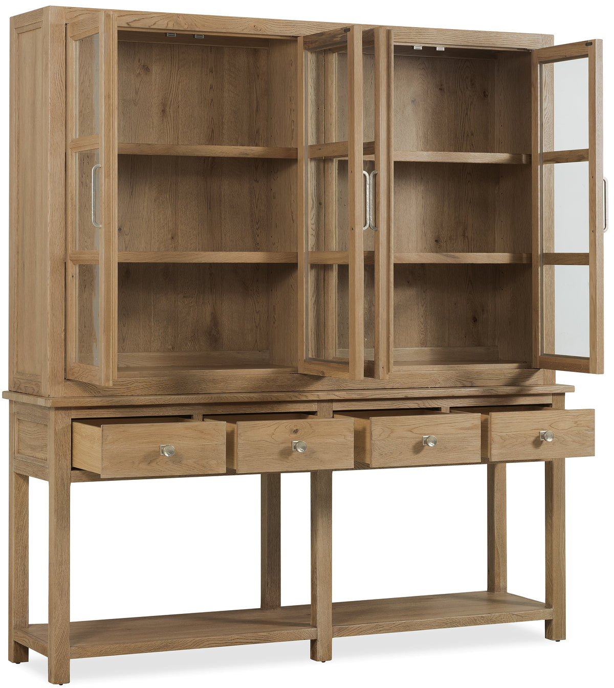 a wooden cabinet with glass doors