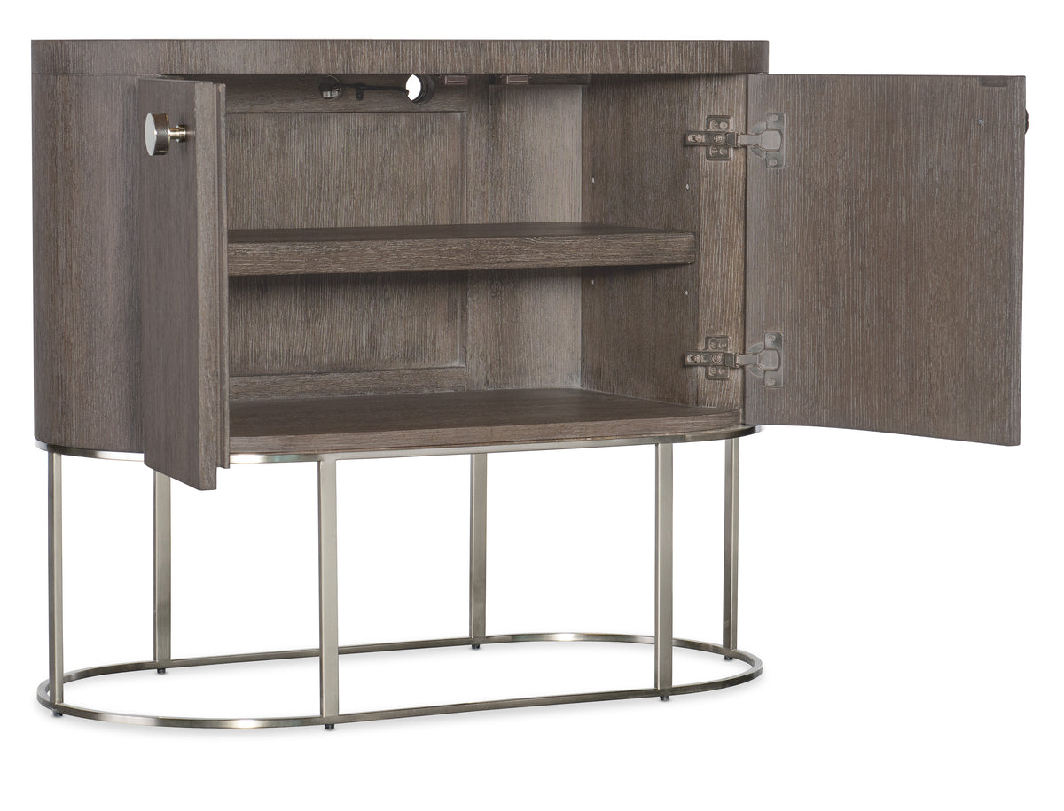 a brown cabinet with a metal base