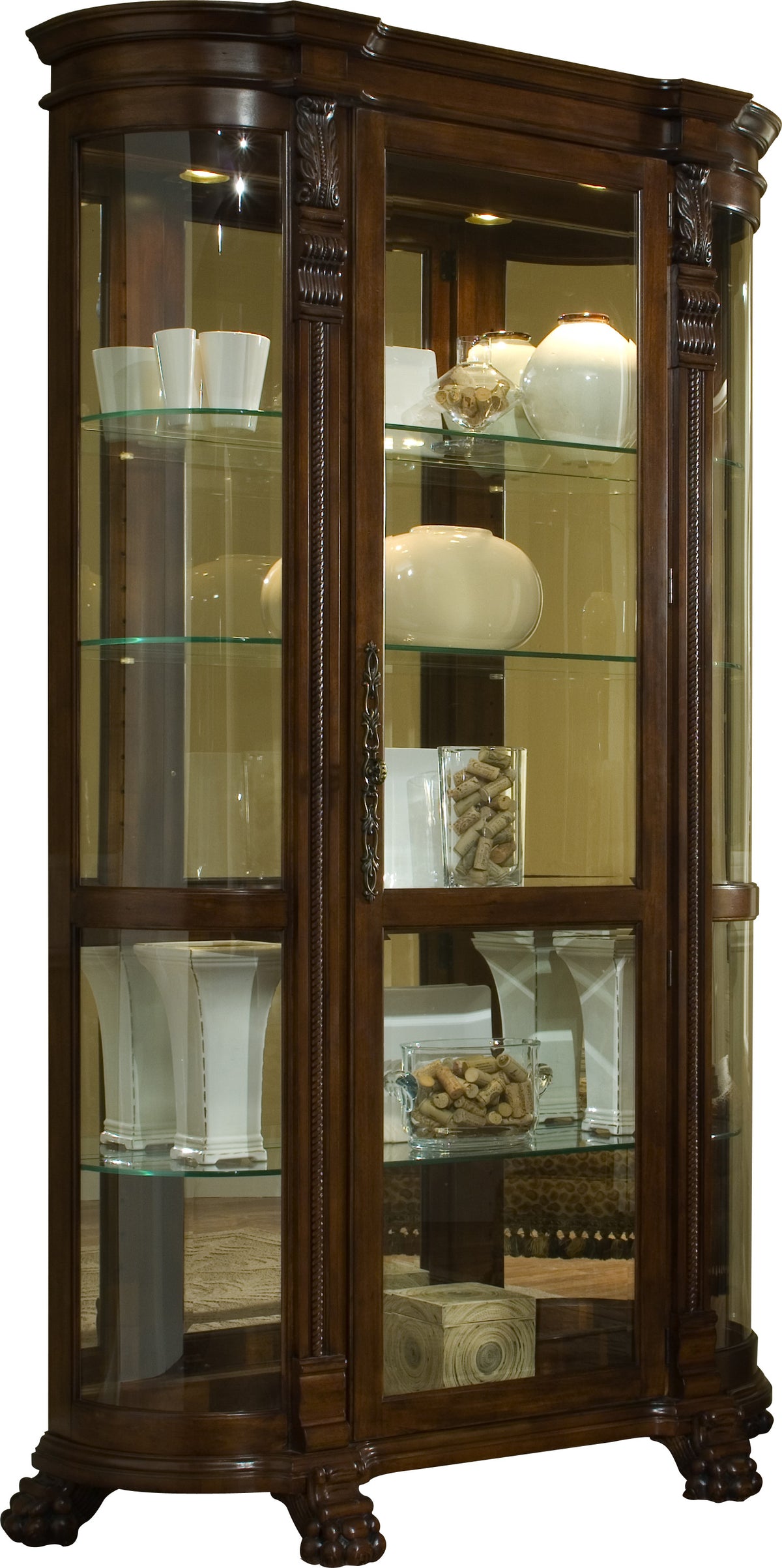 a glass cabinet with a white vase and white vases