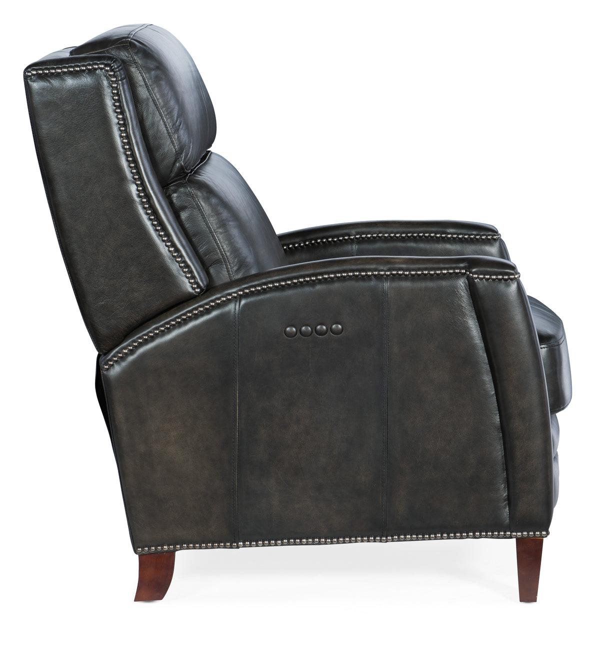 a black leather recliner with wooden legs