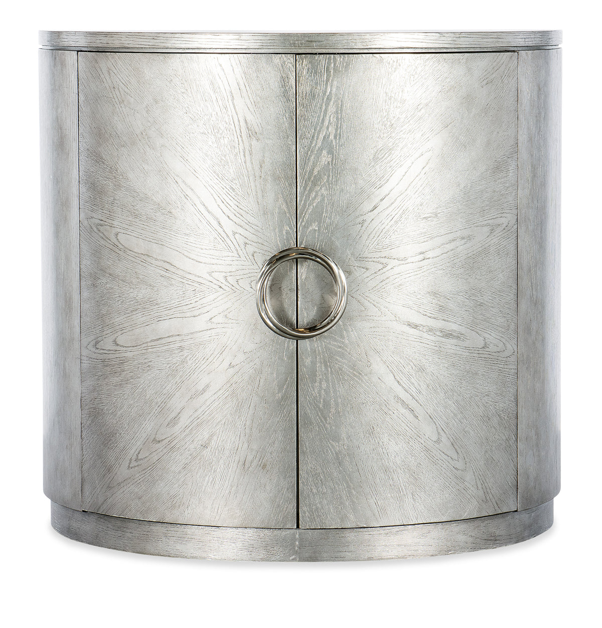 a silver cabinet with a round door