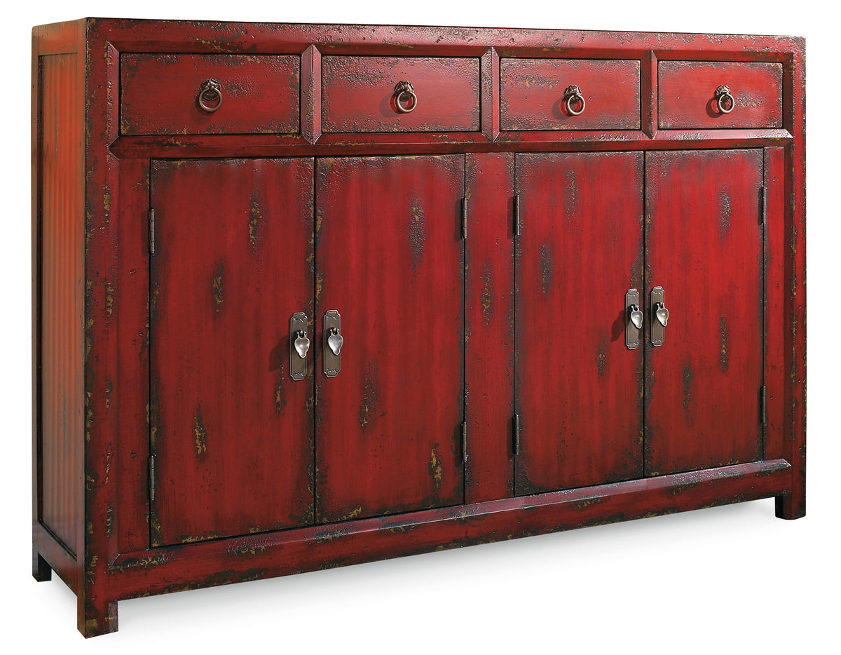 a red cabinet with drawers