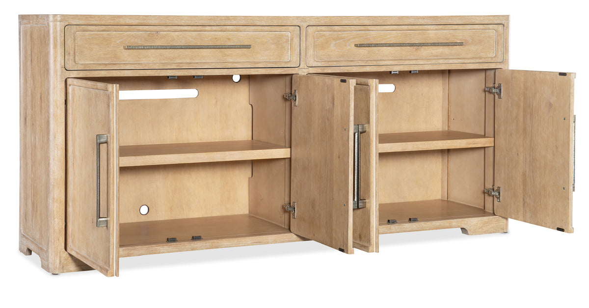a wooden cabinet with open shelves
