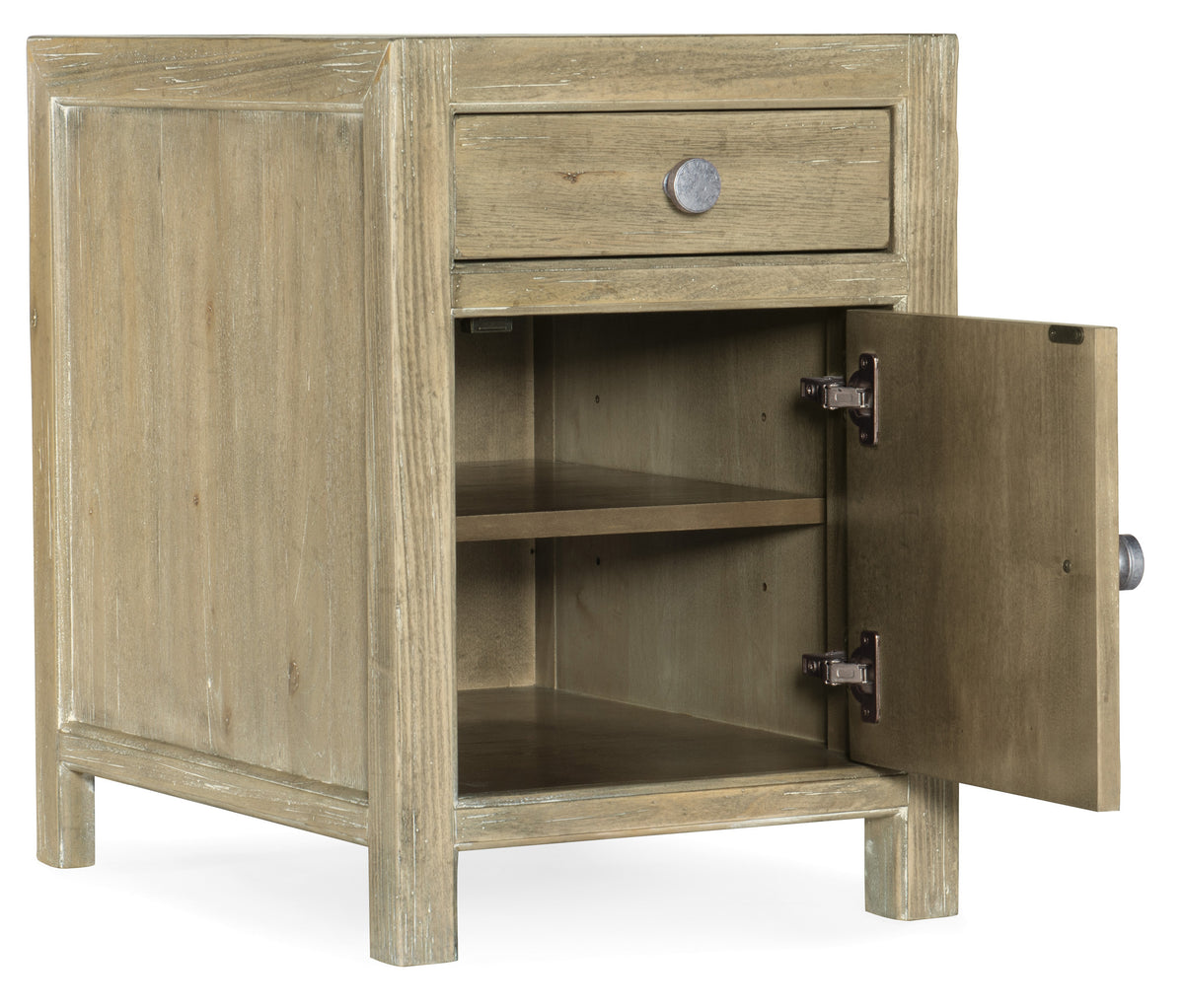 a wooden nightstand with a drawer open