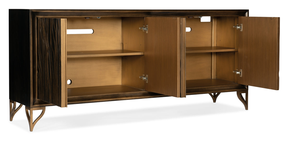 a brown wood cabinet with open shelves