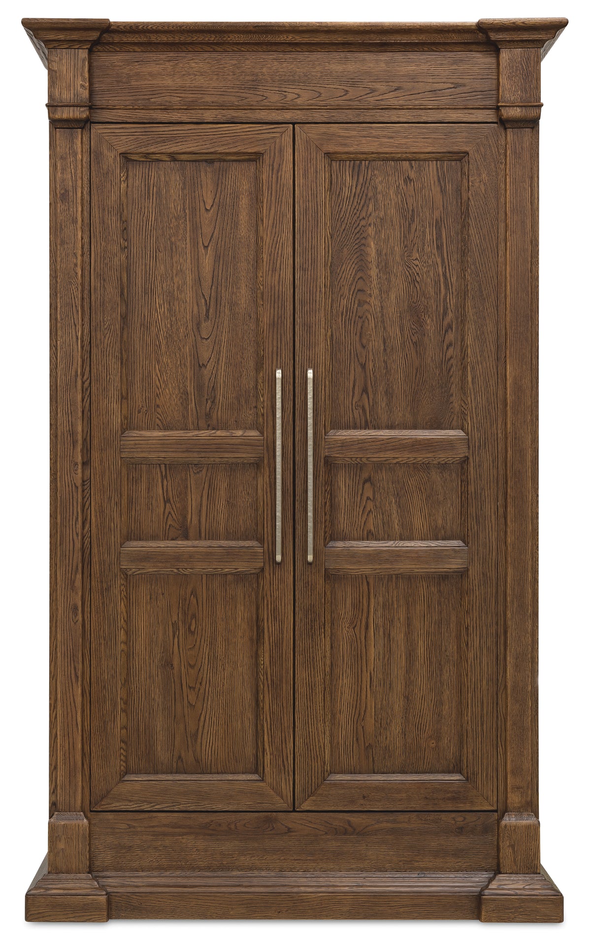 a wooden cabinet with silver handles