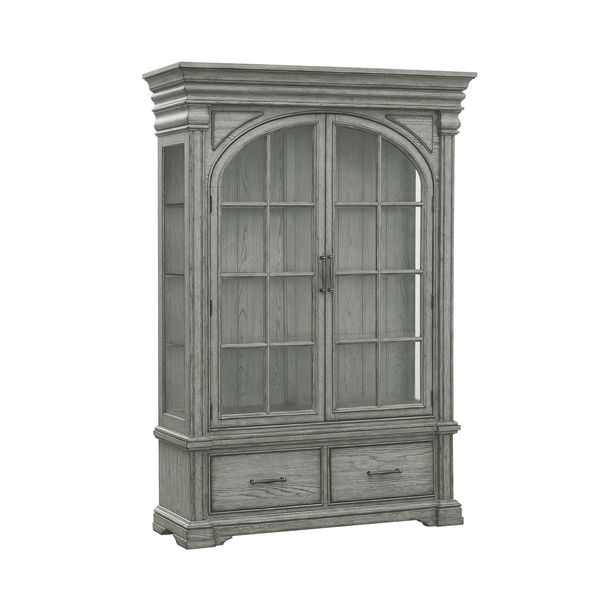 a wooden cabinet with glass doors