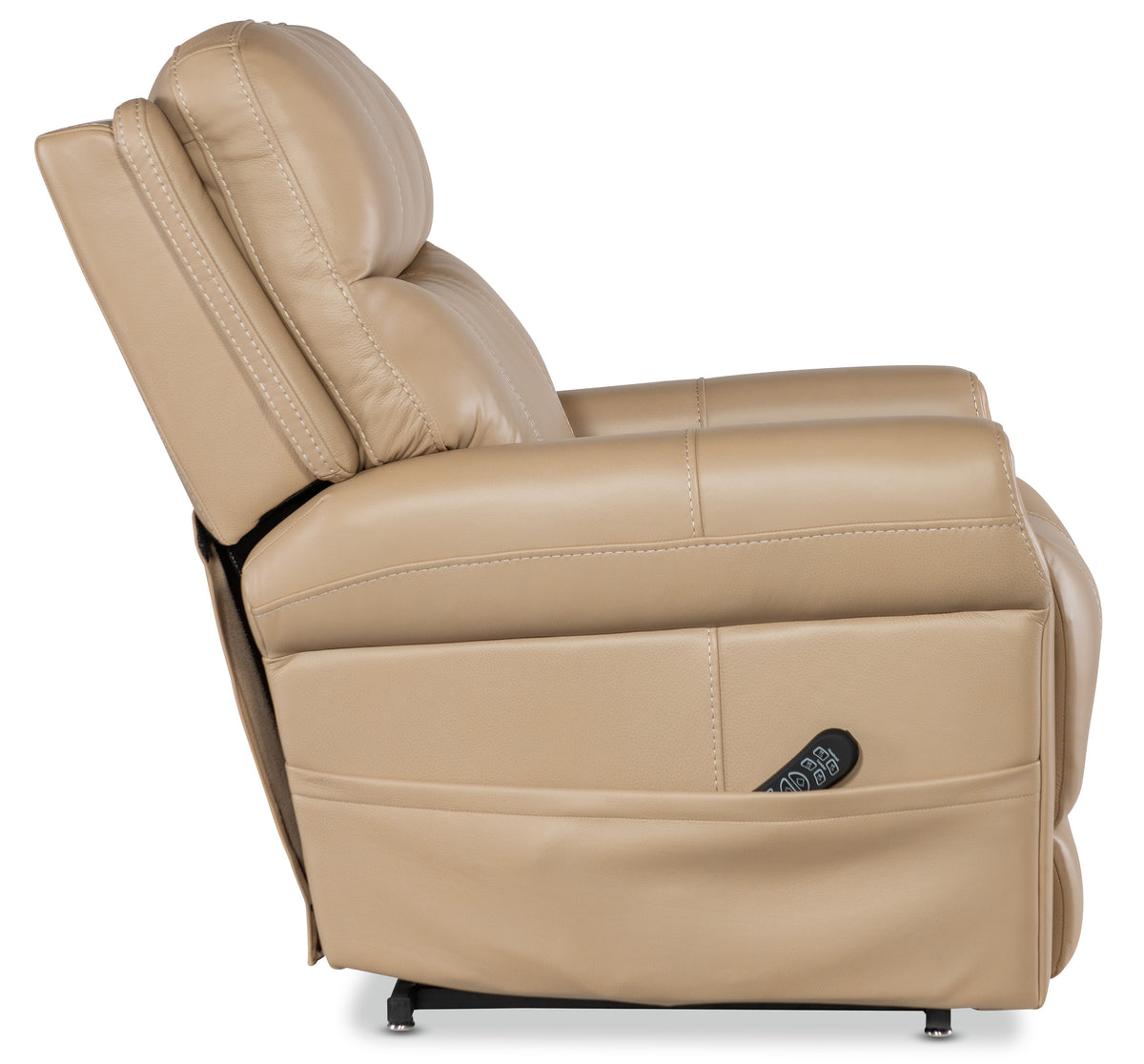 a tan recliner with a remote