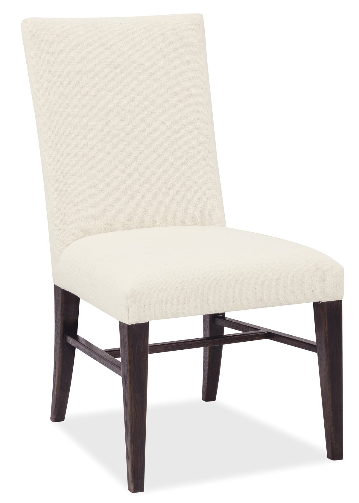 a white chair with a dark wood frame