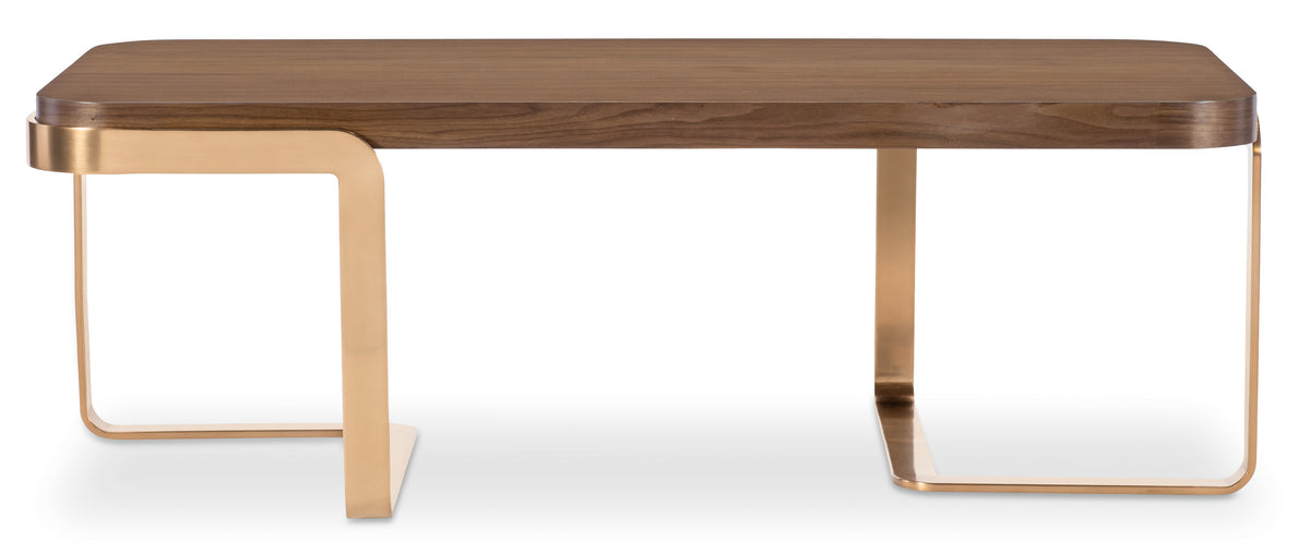 a brown table with gold legs