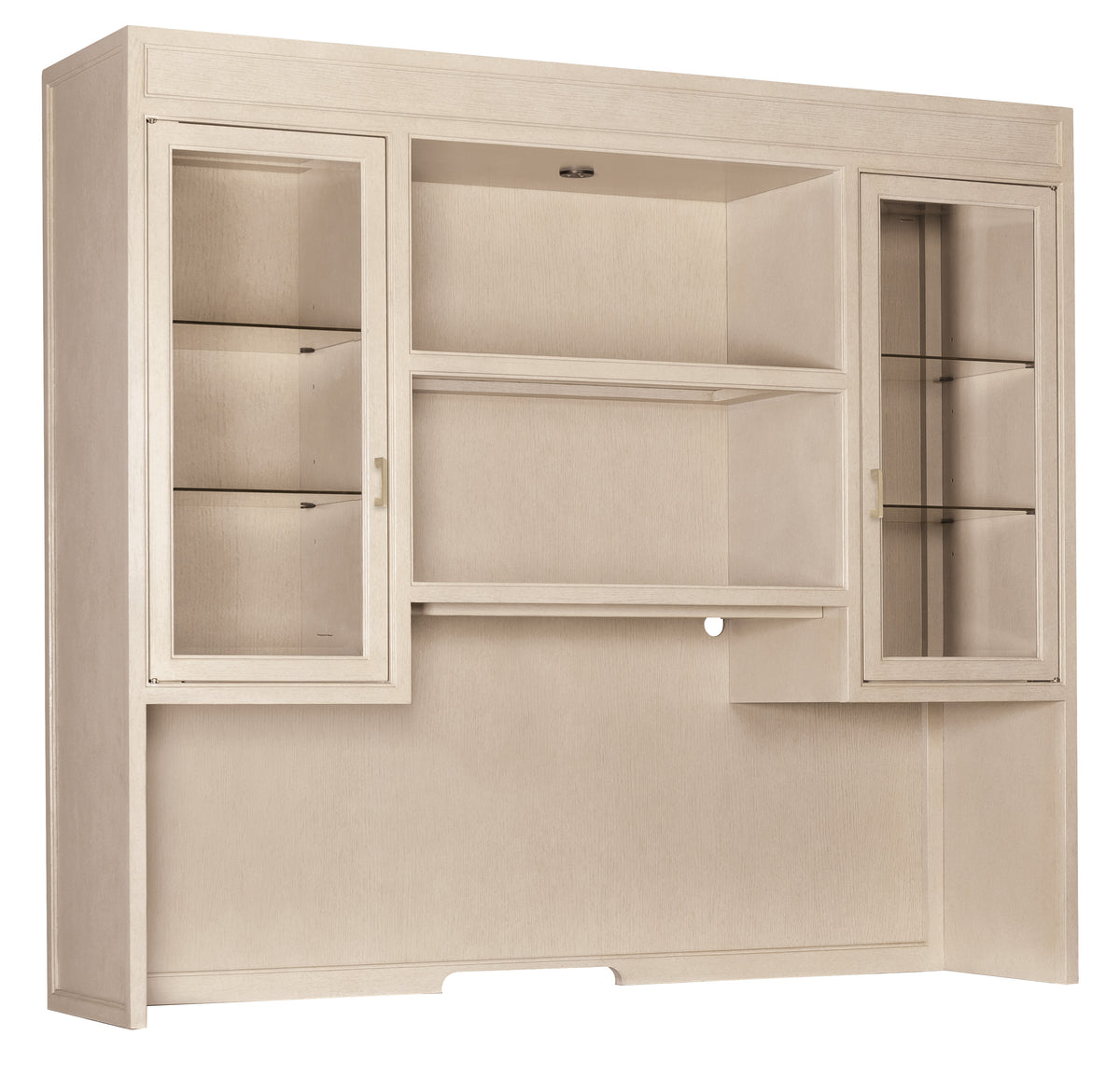 a white cabinet with glass shelves