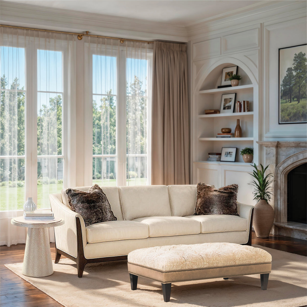 a living room with a couch and a ottoman