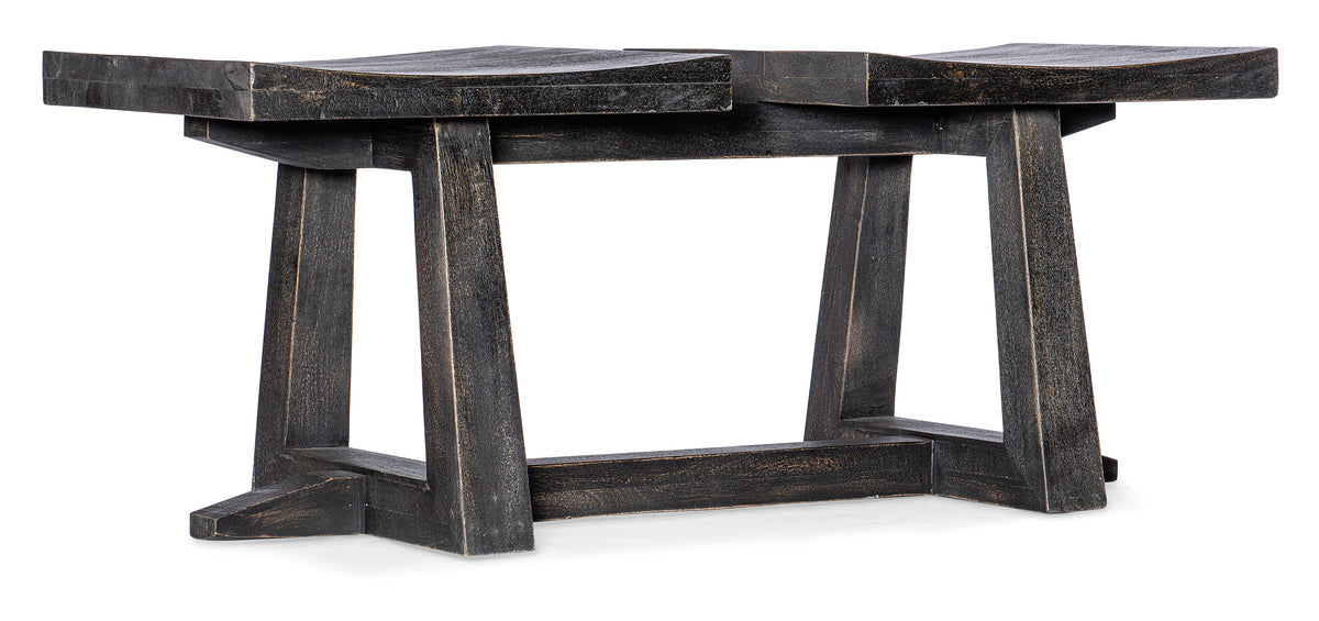 a black wooden bench with two legs