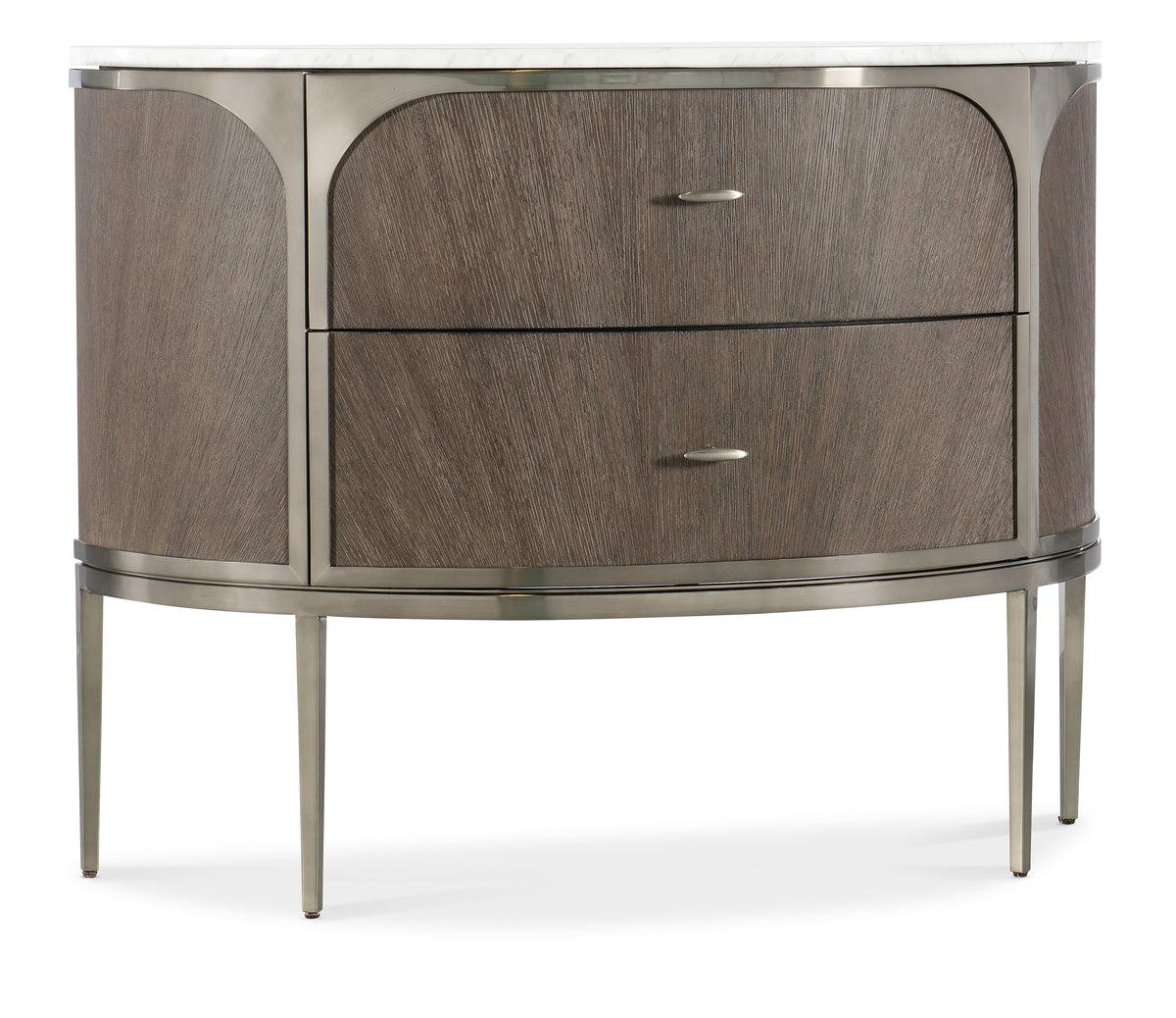 a brown and silver dresser
