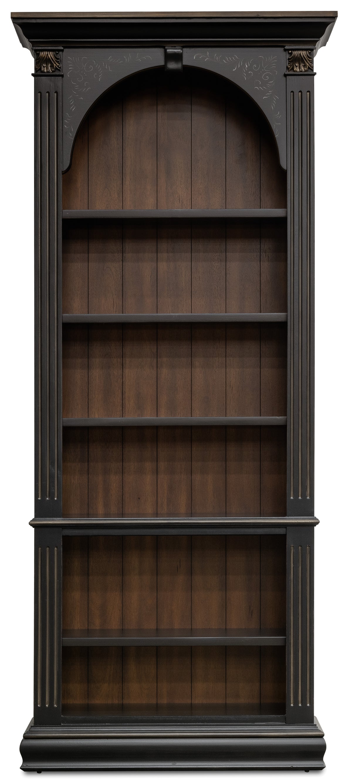 a wooden shelf with a black frame