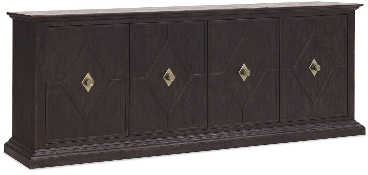 a brown wooden cabinet with gold handles