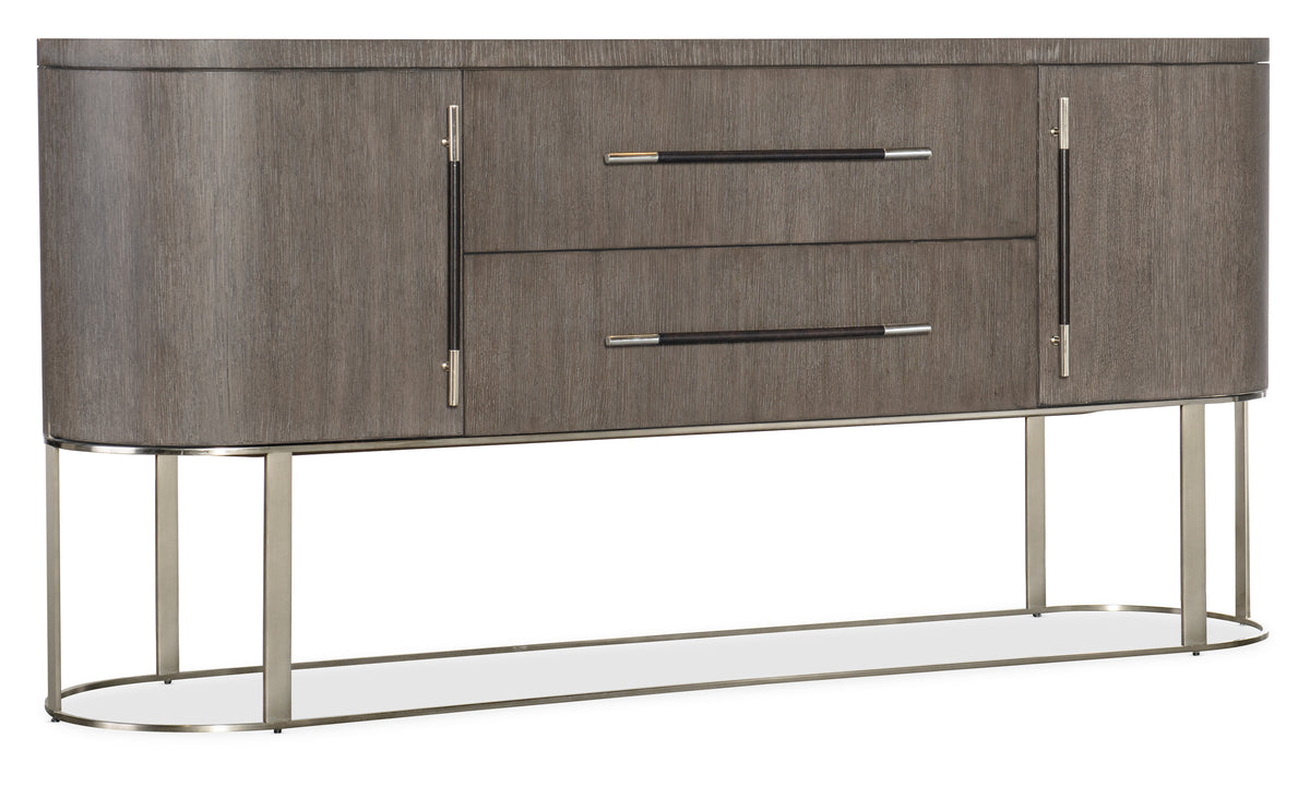 a brown dresser with metal handles