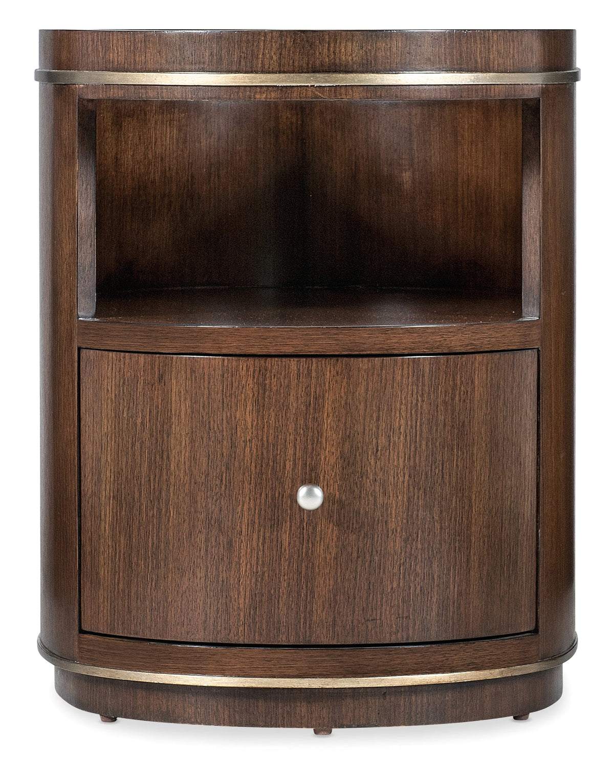 a brown wooden shelf with a silver handle