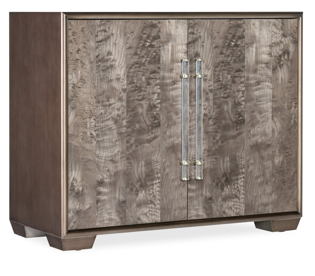 a brown cabinet with silver handles