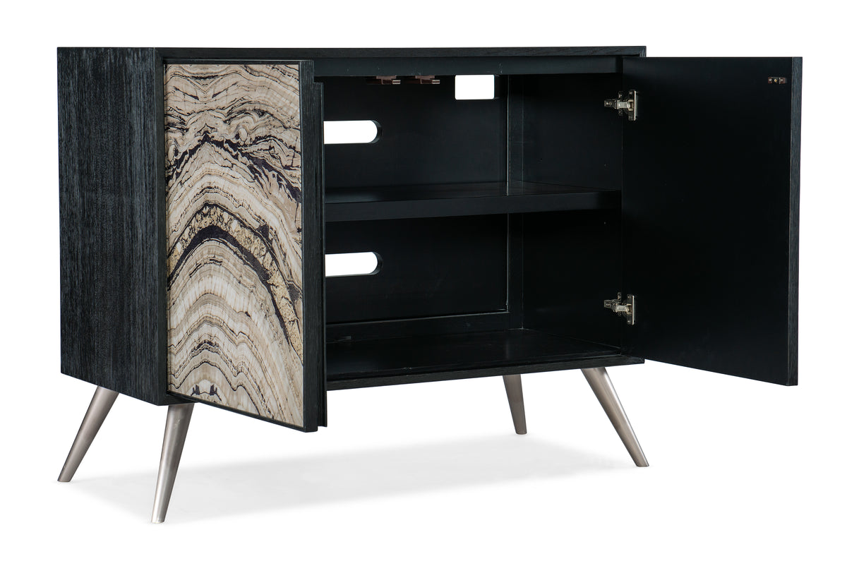 a black and white cabinet with a wood surface