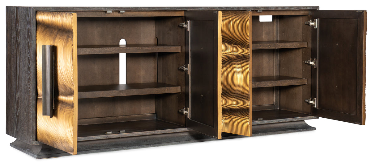 a brown wooden cabinet with a gold door open