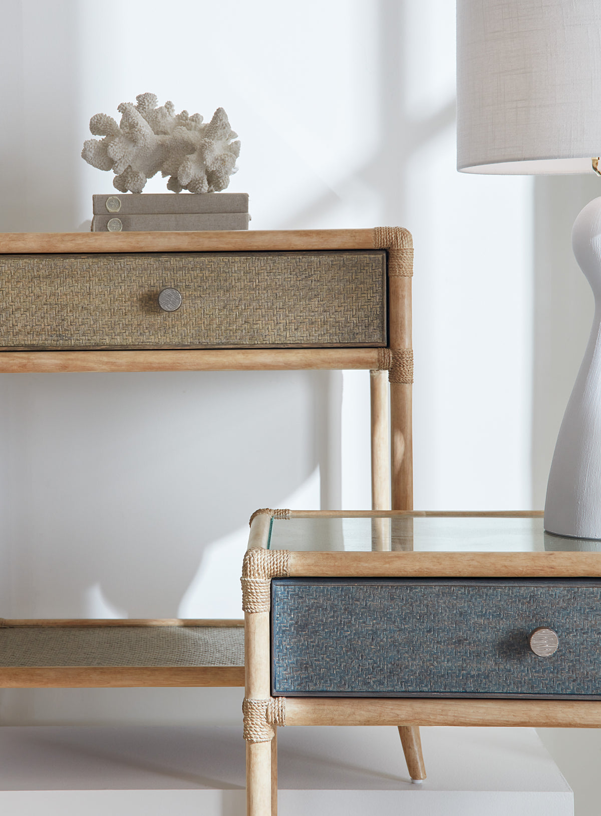 a shelf with a lamp and a white object on top