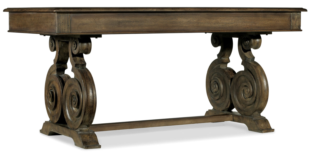 a wooden table with spiral legs