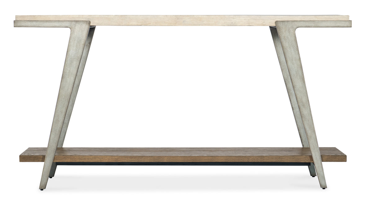 a wooden shelf with metal legs